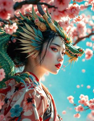 The primary subject of the image is a woman wearing a green and gold headpiece, which resembles a dragon or a bird. She is standing in front of a tree with pink flowers, creating a beautiful and vibrant scene. The visual style of the image is a combination of photo and digital art, giving it a unique and artistic appearance. The colors and mood of the image are predominantly pink and green, with a touch of gold, creating a warm and lively atmosphere.